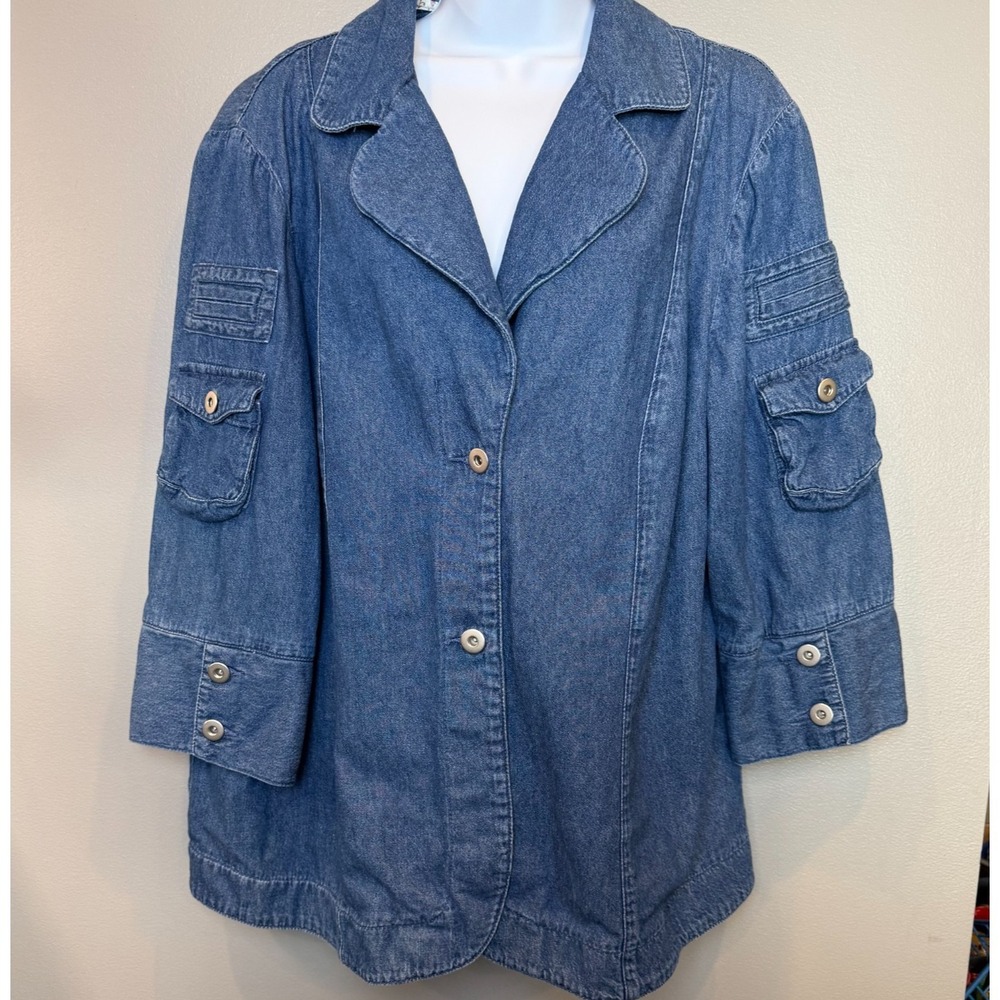 Multiples Women's 1X Chambray Denim Utility Jacket Button Front Plus Size